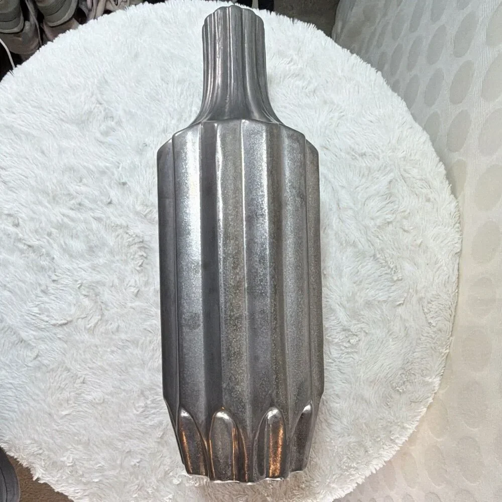 17” Art Deco Metallic Silver Fluted Ceramic Decorative Vase